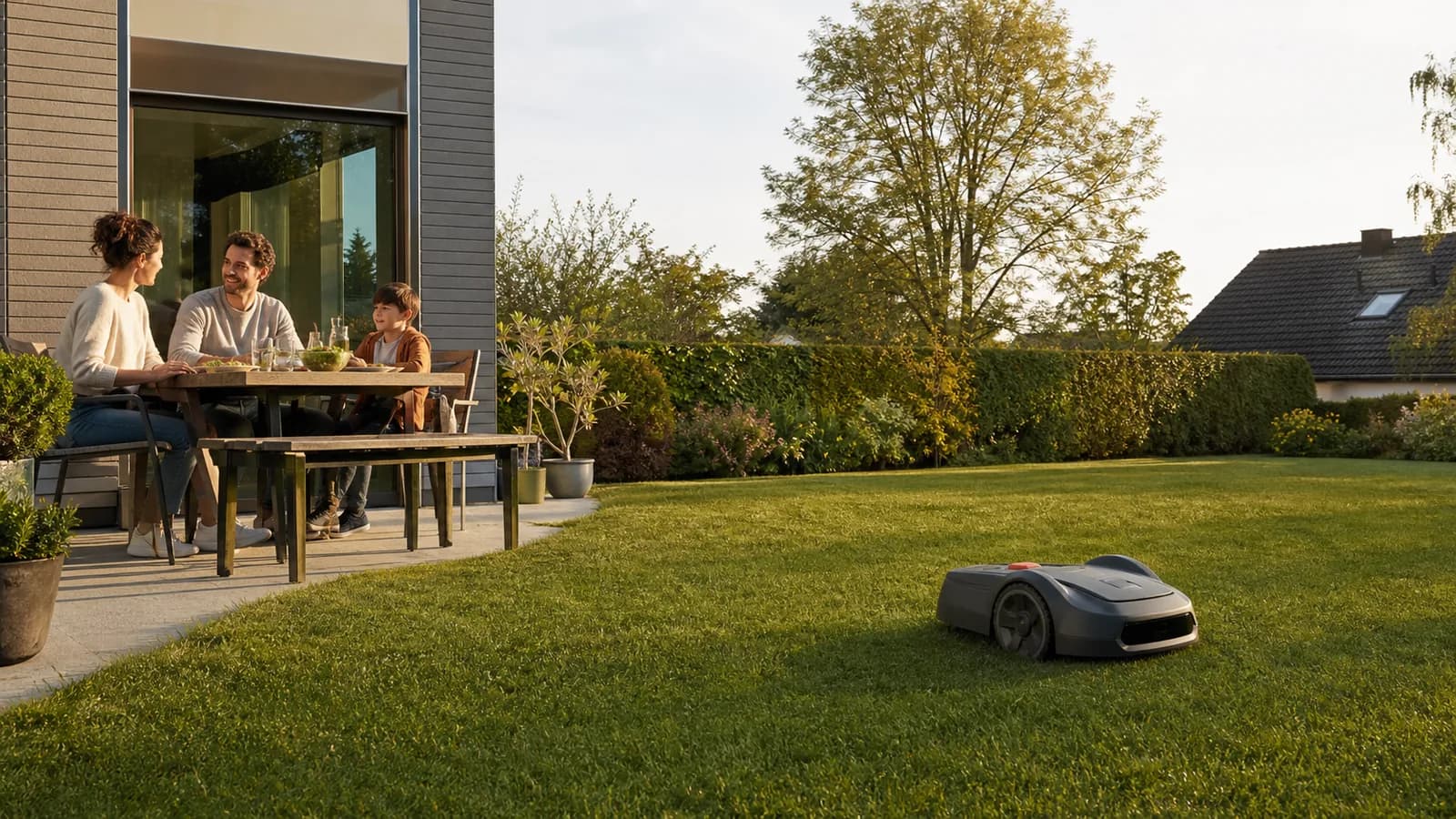 Familie auf einer Terrasse neben einem gemähten Garten