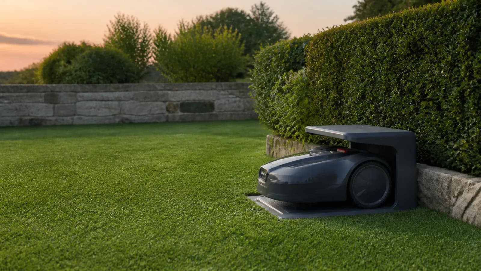 Mähroboter steht in seiner Ladestation im Garten