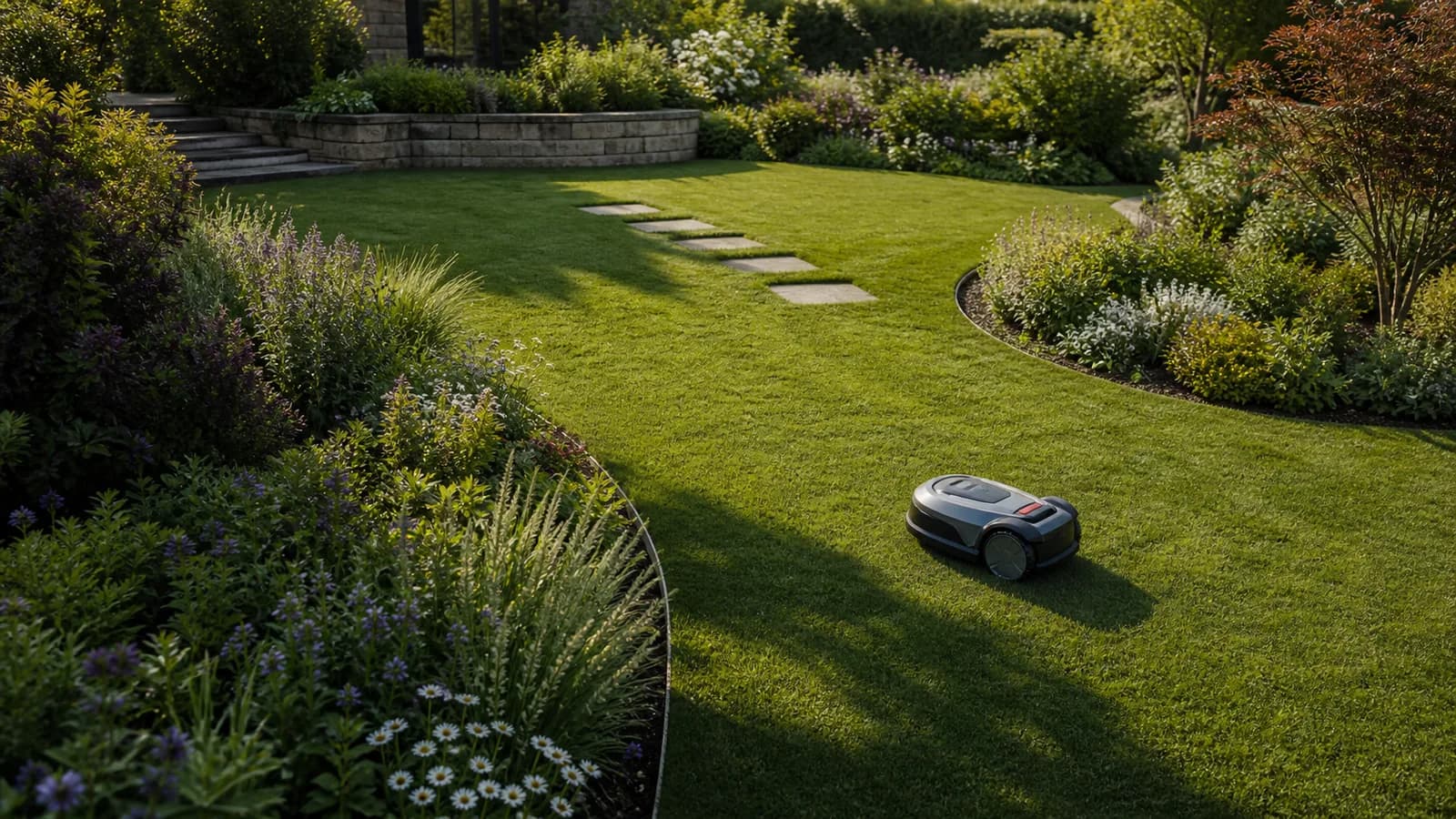 Mähroboter navigiert zwischen Beeten und Gartenwegen
