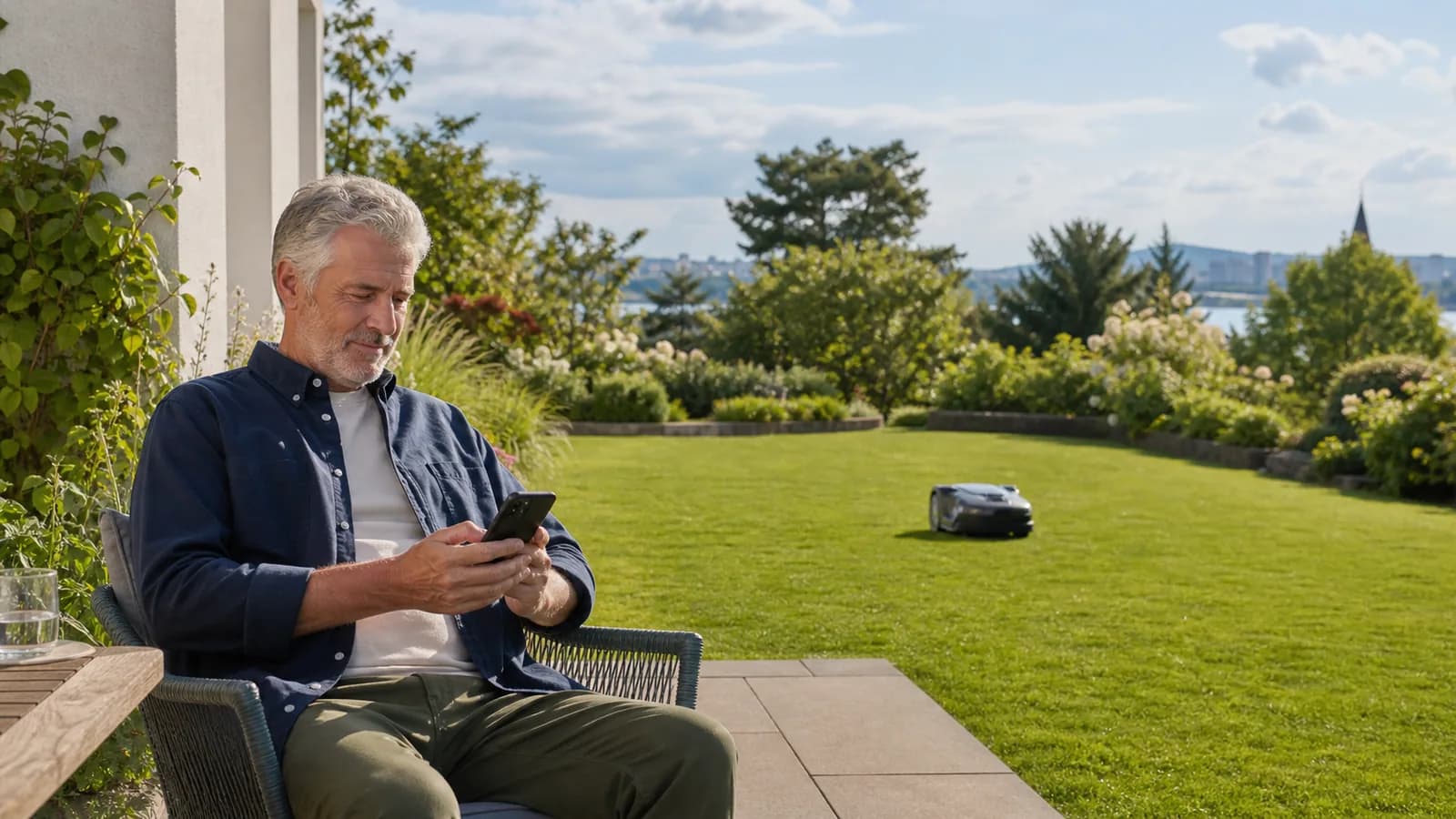 Älterer Gartenbesitzer bedient einen Mähroboter per Smartphone