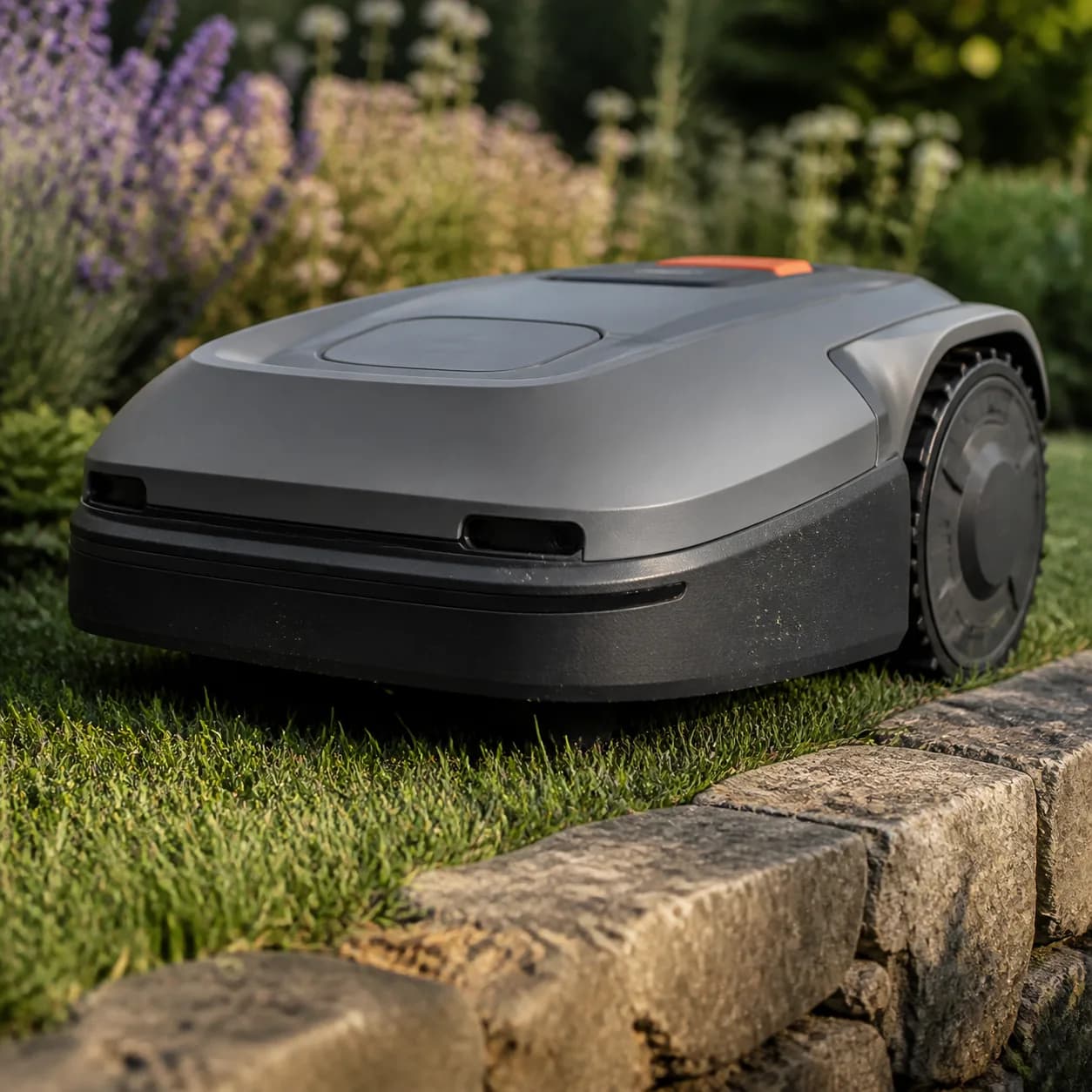 Mähroboter mit sichtbarem Sensorgehäuse an einer Rasenkante