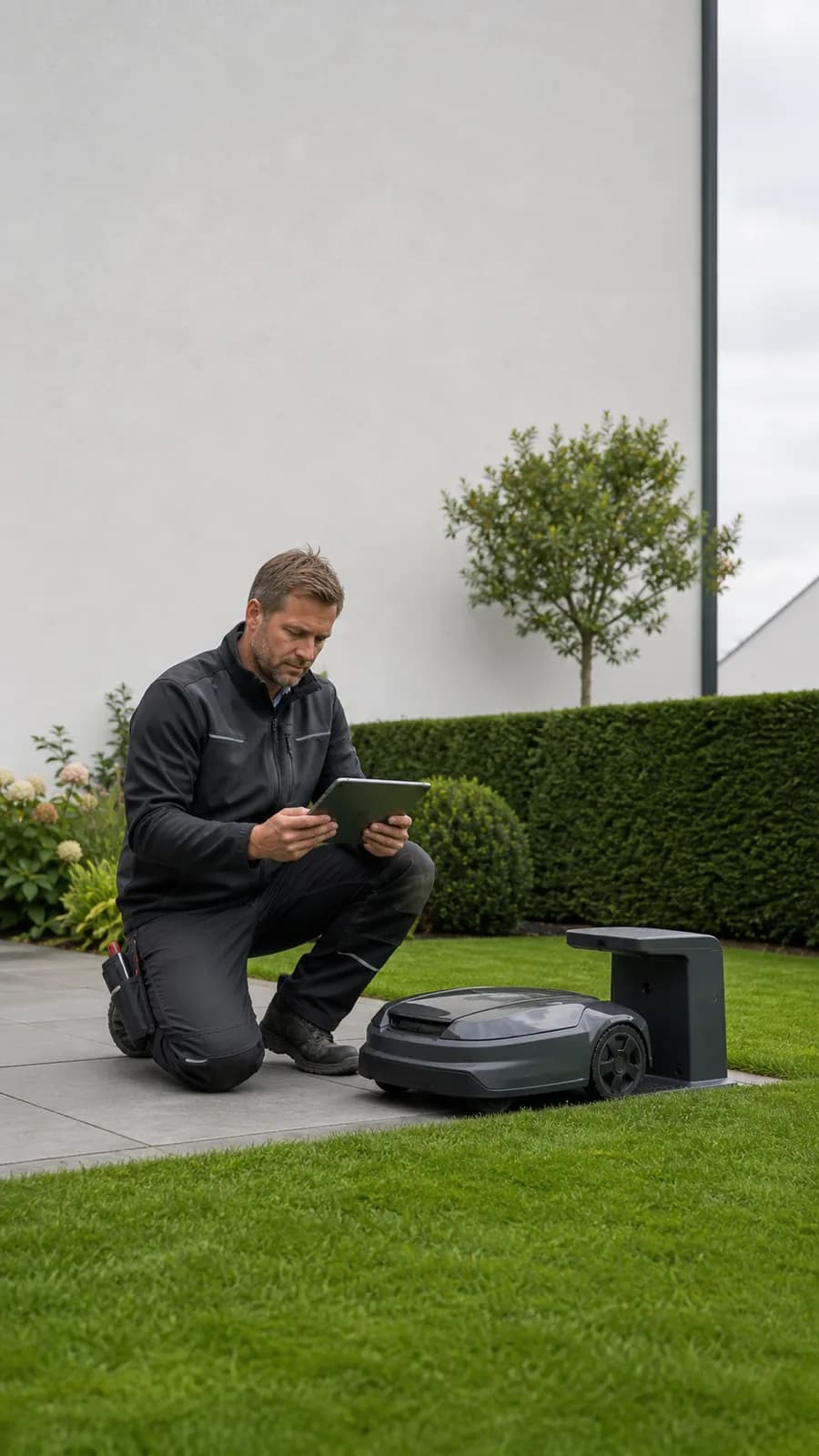 Techniker nimmt einen Mähroboter im Garten in Betrieb