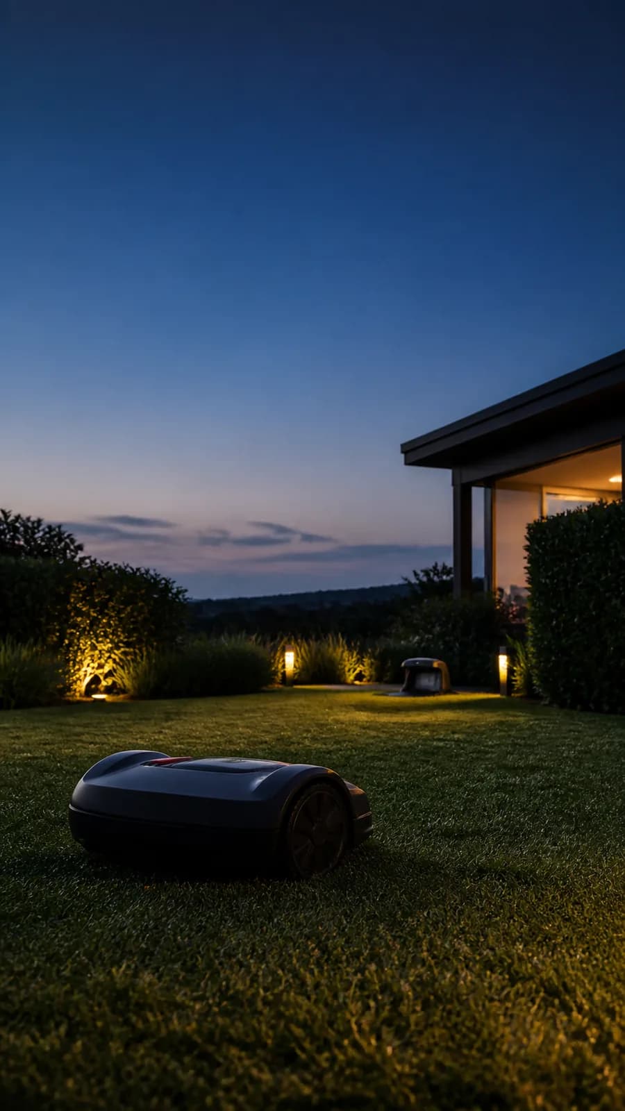 Mähroboter fährt bei Dämmerung durch den Garten